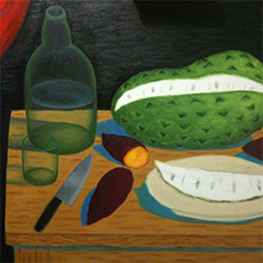 Still life painting of sweet potatoes and guyabano.