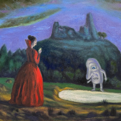 Nightscape with castle ruins, a woman in red medieval dress, and a white blob gazing at a pool of churning, glowing water.