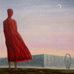 In the hazy twilight a red cloaked figure stands gazing at a solid wall dotted with lights, a tree on the left, and on the right a far away ferris wheel.