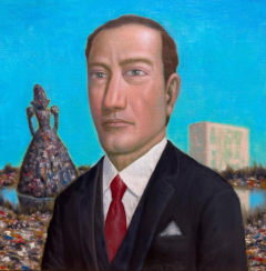 Portrait of a man in a black suit with a trash pile shaped like a queen in the middle of a swamp.